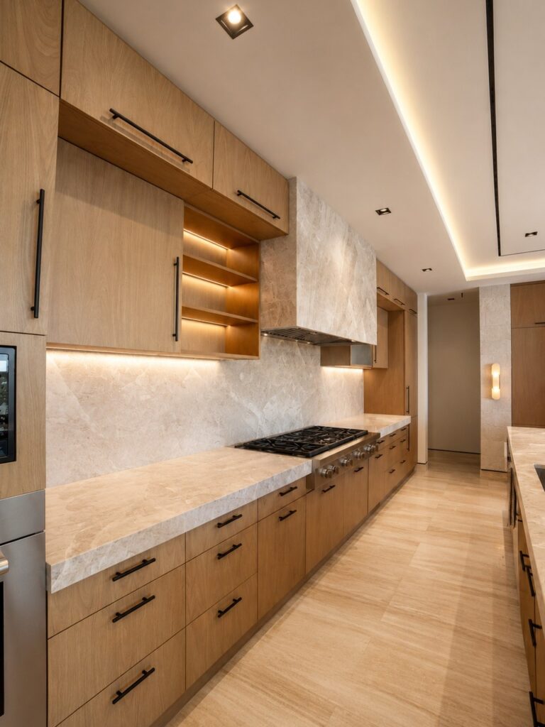 Cocina en madera de flor morado con cubierta de piedra, Casa Vida Akumal
