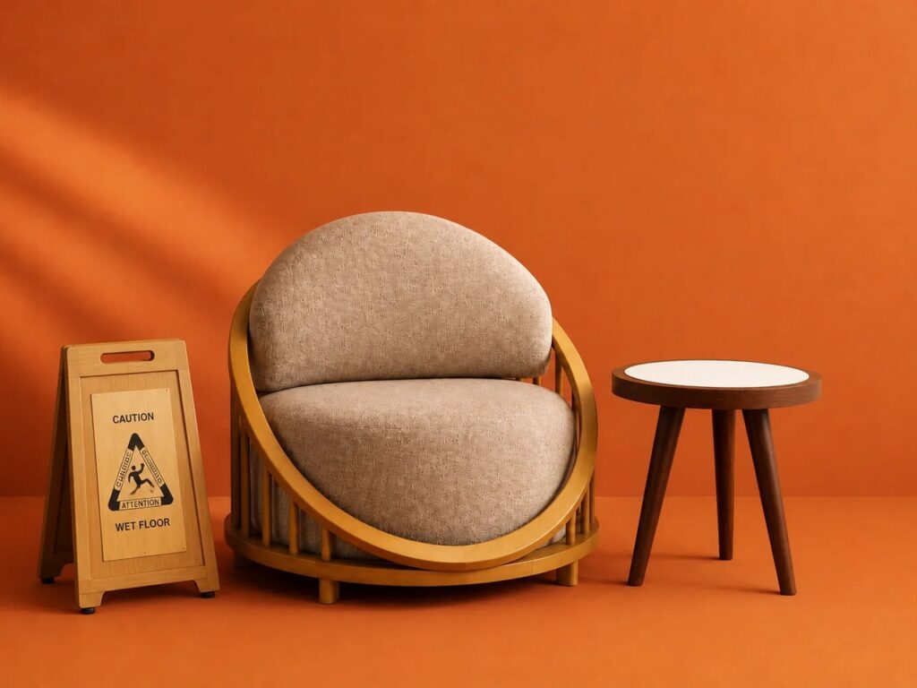 FF&E mobiliario y equipamiento a medida — sillón, mesa lateral y letrero de piso mojado