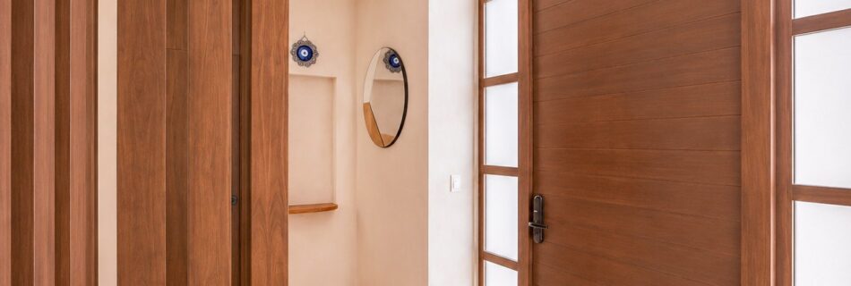Vestíbulo con paneles de madera ranurada en Casa Maru