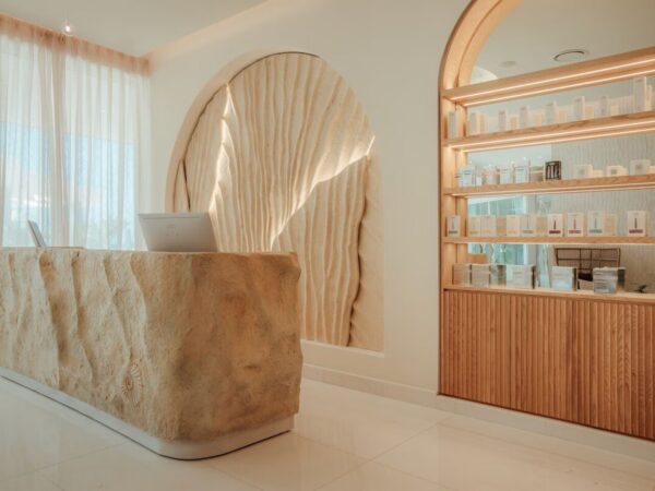 Mueble de recepción en fibra de vidrio imitación piedra