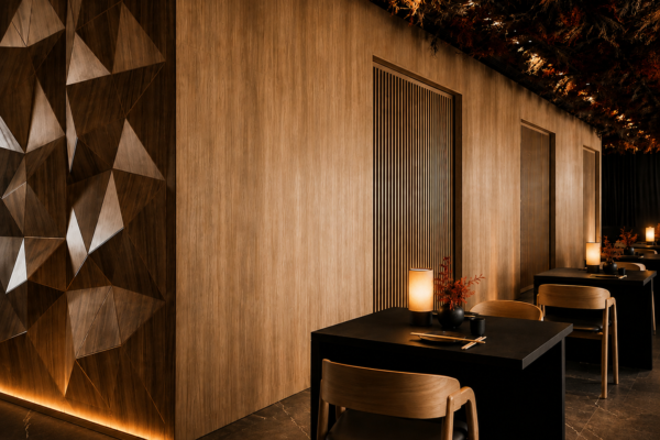 Muro facetado en madera de gran formato en restaurante asiático — Spice, Excellence