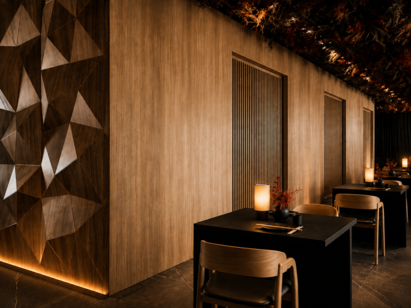 Muro facetado en madera de gran formato en restaurante asiático — Spice, Excellence
